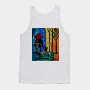 Couple walking the dog in the rain set against a colorblock background. Tank Top